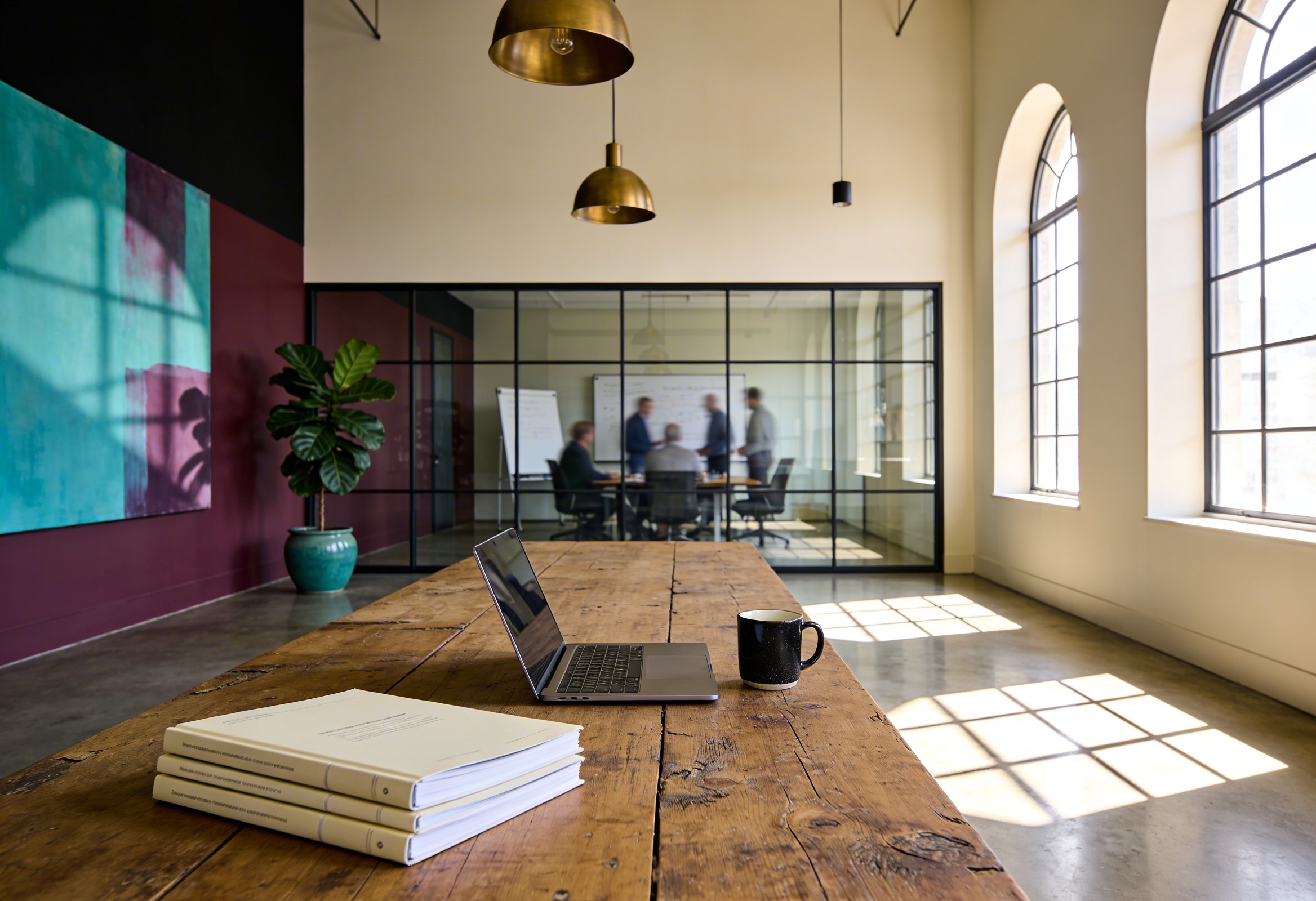 Modern danismanlik ofisinde calisma masasi ve toplanti alani